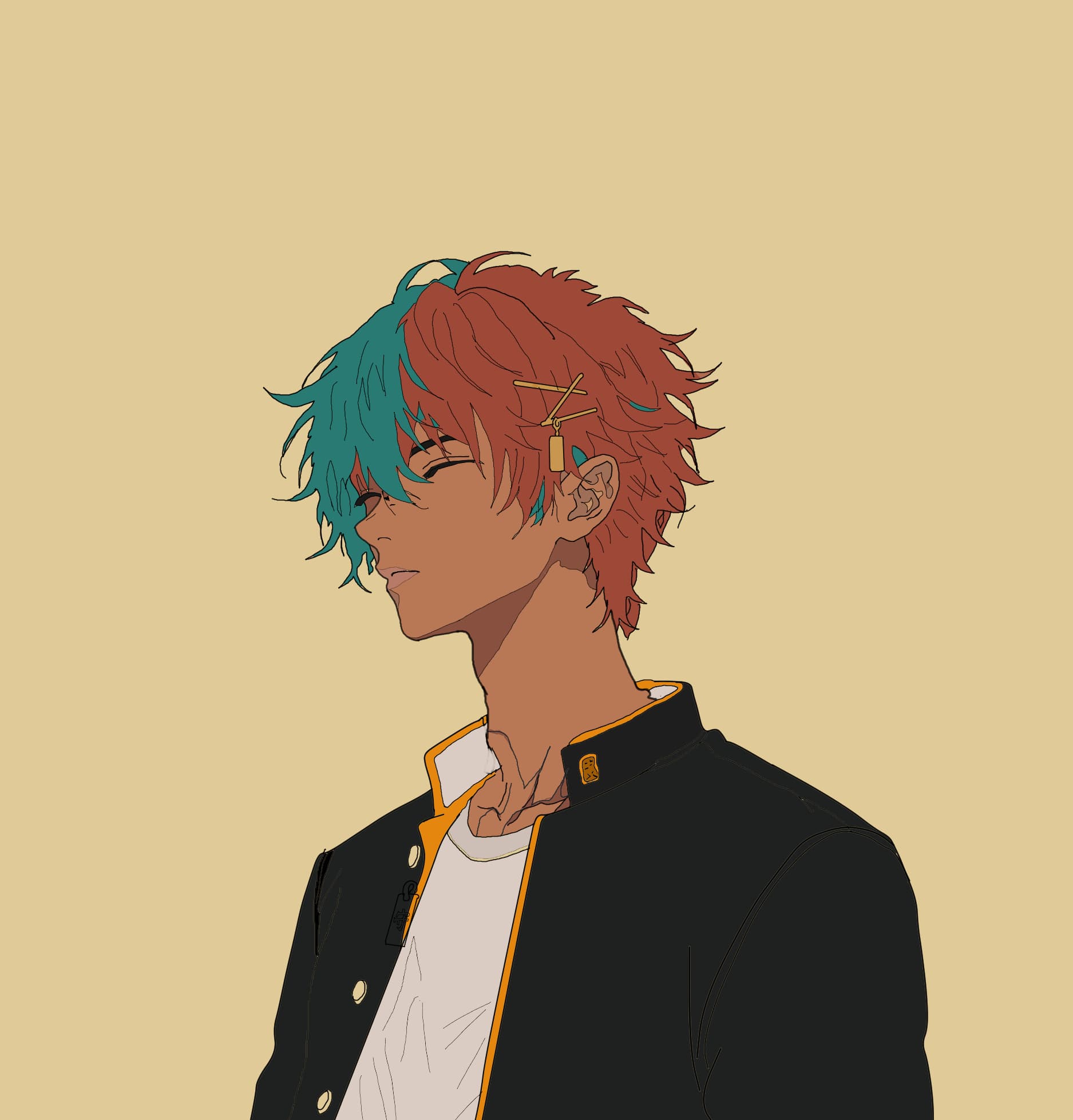 A RIFT character with split teal and red hair